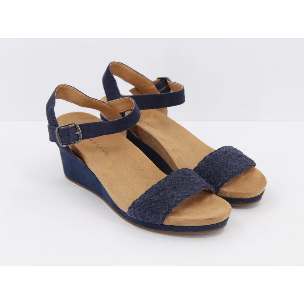 Lucky Brand Kennette Wedge Sandals size 7.5 Open toe Blue‎ woven Suede Preppy